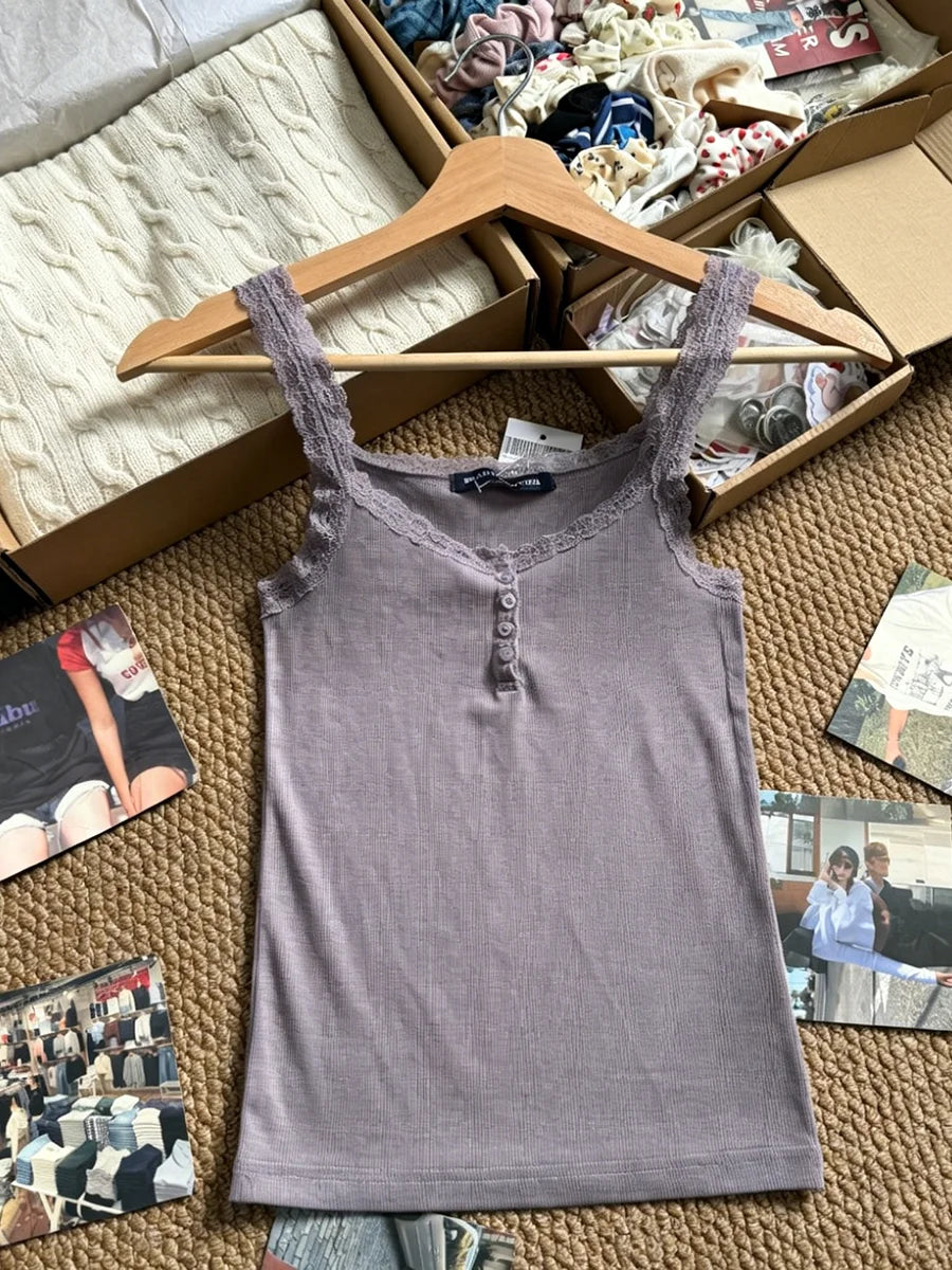 Lace Trim Ribbed Slim Camisole Women Casual Chic Cotton Buttons Sleeveless Vest Sweet All-match Simple Cropped Tank Tops Y2K