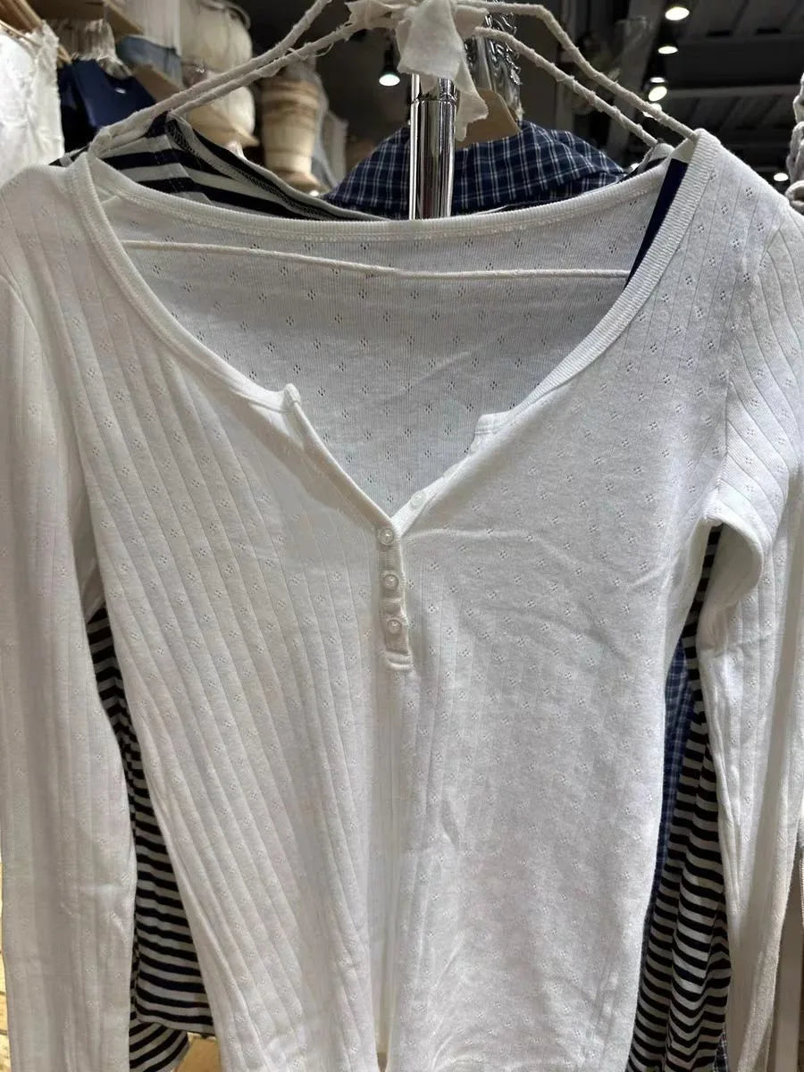 Six Button Eyelet White Long Sleeve Tees Women Y2K Cotton Casual Slim Single Breasted Smock Tops Sweet Simple Basic T-shirts New