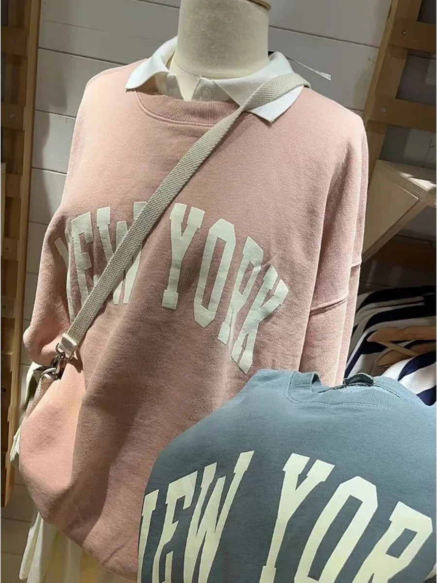 Letter Print Pink Loose Sweatshirt Woman Autumn O-neck Cotton Long Sleeve Pull Hoodie Sweet Cute Preppy Style Oversized Top Y2k