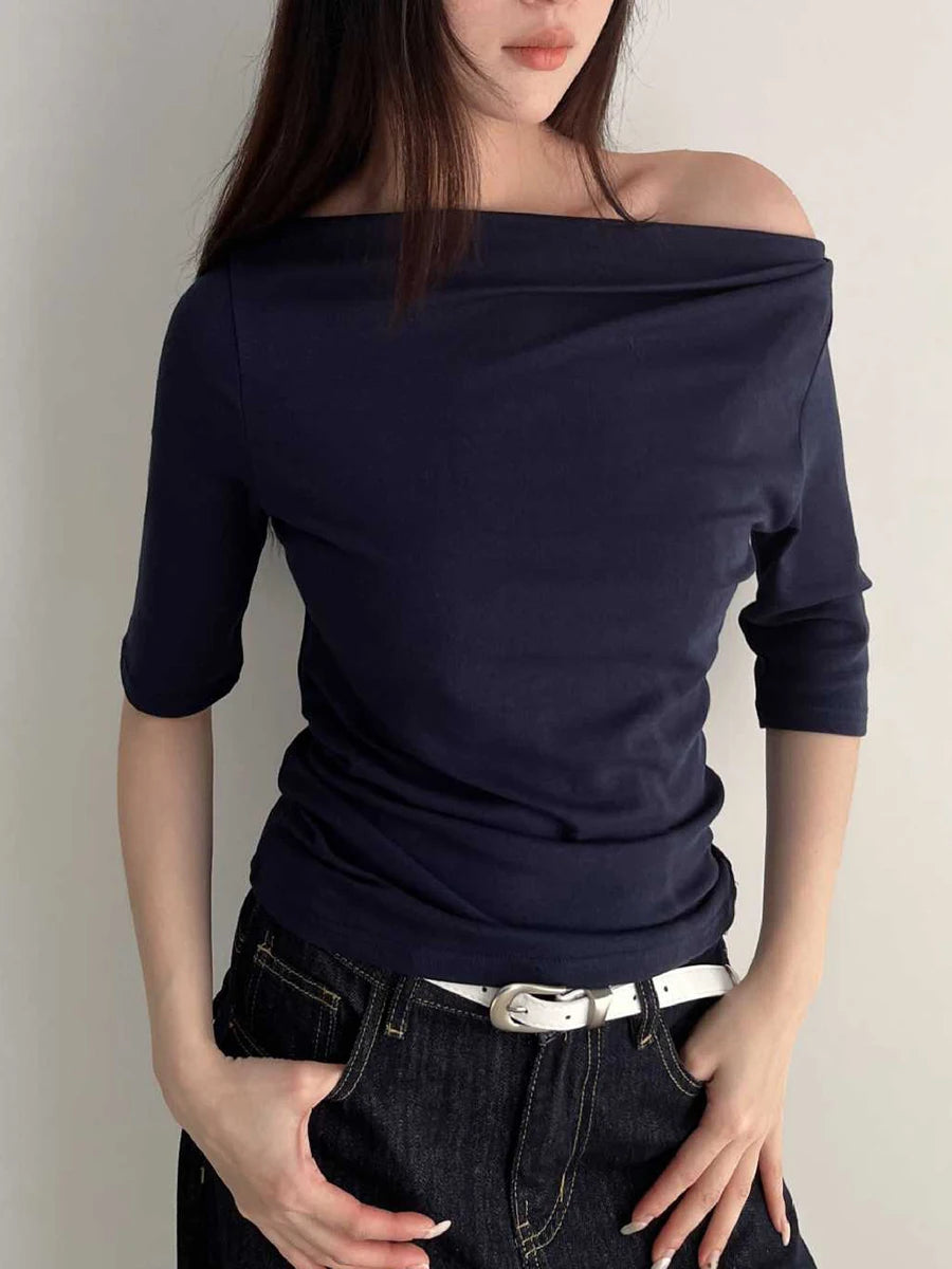 Electric Blue Half Sleeve Tees Women Summer Casual Streetwear Slim Slash Neck Crop Tops Female Vintage Simple Basic T-shirts Y2K