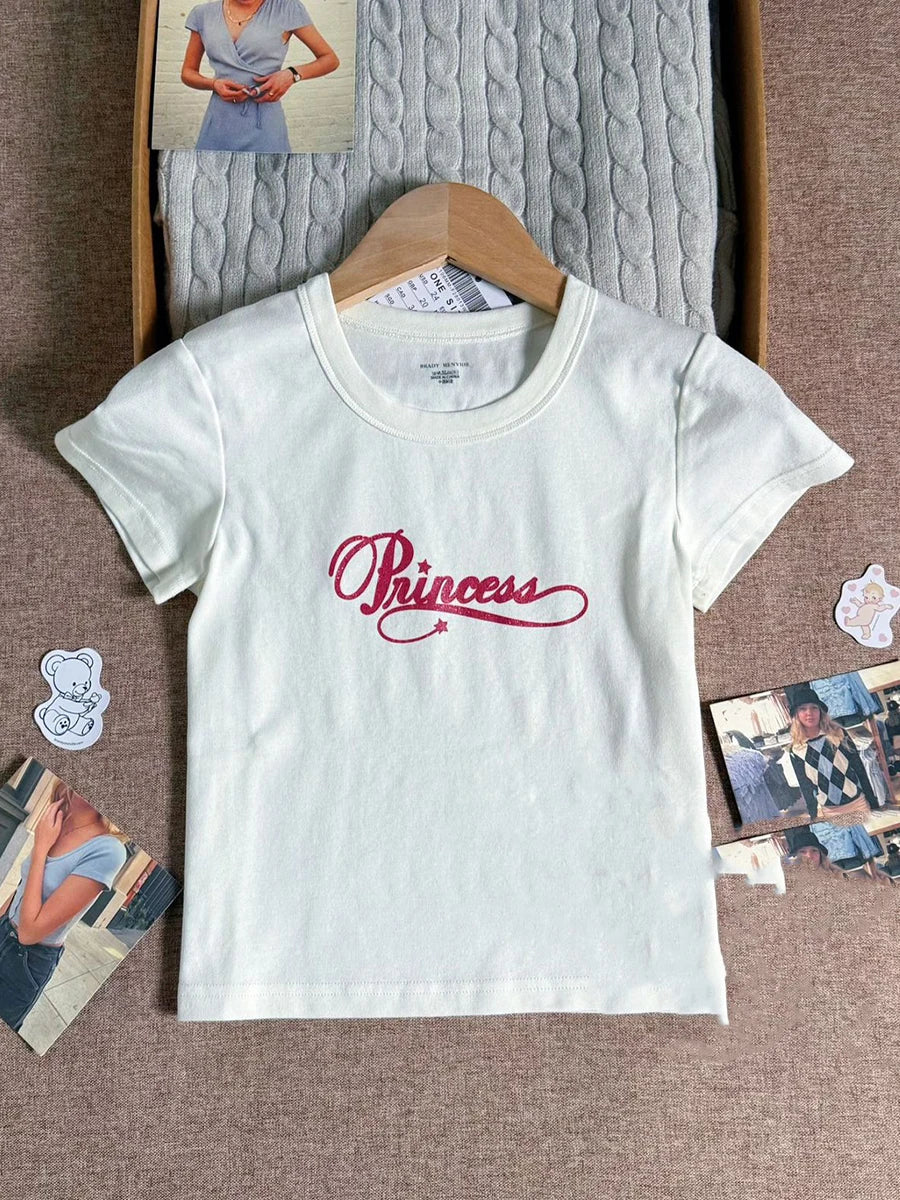 Y2k Graphic Print Slim Crop Tops Women Streetwear O-neck Short Sleeve Cotton Tees Female Summer Vintage Preppy Style Tshirt