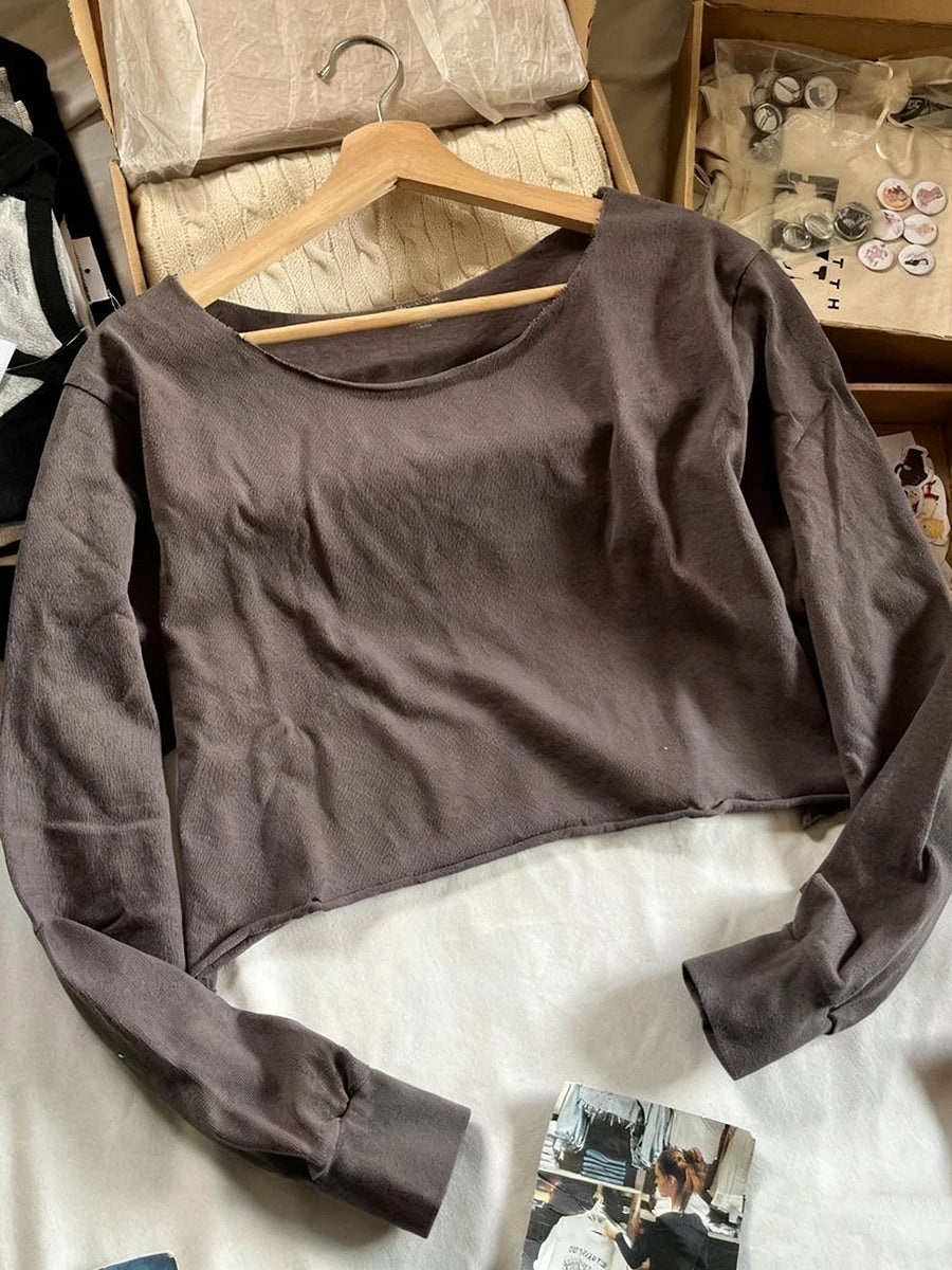 Gray Raw Trim Knit Cropped Sweater Women Scoop Neck Long Sleeve Cotton Loose Jumper Autumn Simple Sweet Oversized Crop Top Y2K