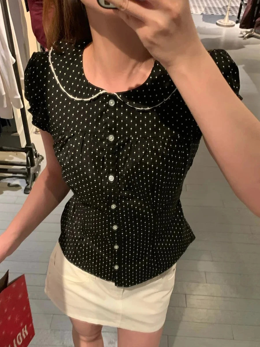 Sweet Peter Pan Collar Blouse Women Casual Streetwear Buttons Short Sleeve Tees Cute Preppy Style Chic T-shirts Y2K Blouses