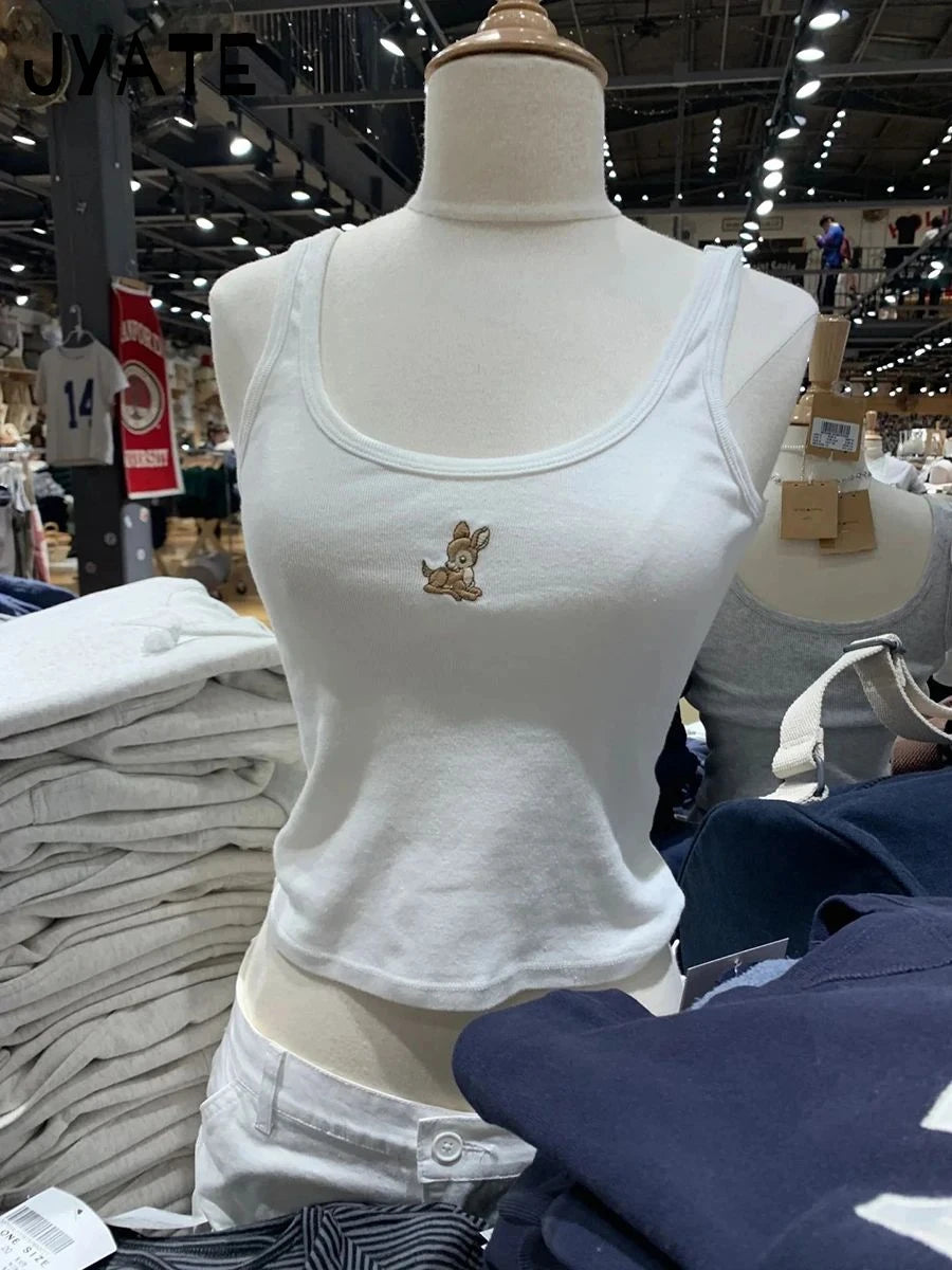 Cute Girls and Cats Embroidery Tank Top for Women Summer Cotton Lace Trim Sleeveless Camisole Sweet Preppy Style Top T shirt Y2K