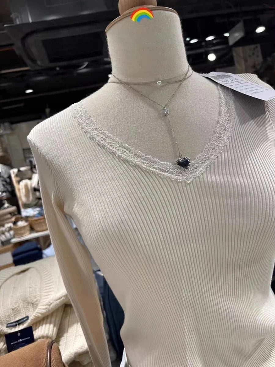 Sweet Lace Trim Ribbed Long Sleeve Tees Women New Cotton Slim Solid V-neck Tops Clothes Female Vintage Cute Chic T-shirts Y2K