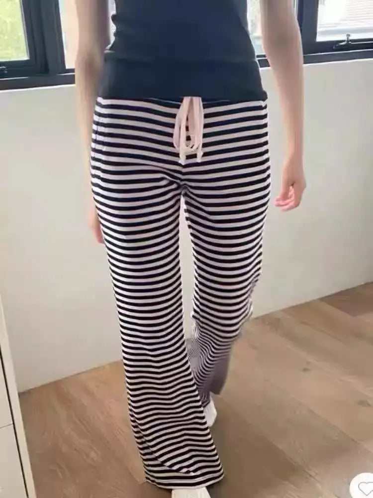 Vintage Classic Striped Drawstring Wide Leg Pants Women Cotton Soft High Waist Casual Sweatpant Harajuku Chic Sweet Trousers Y2K