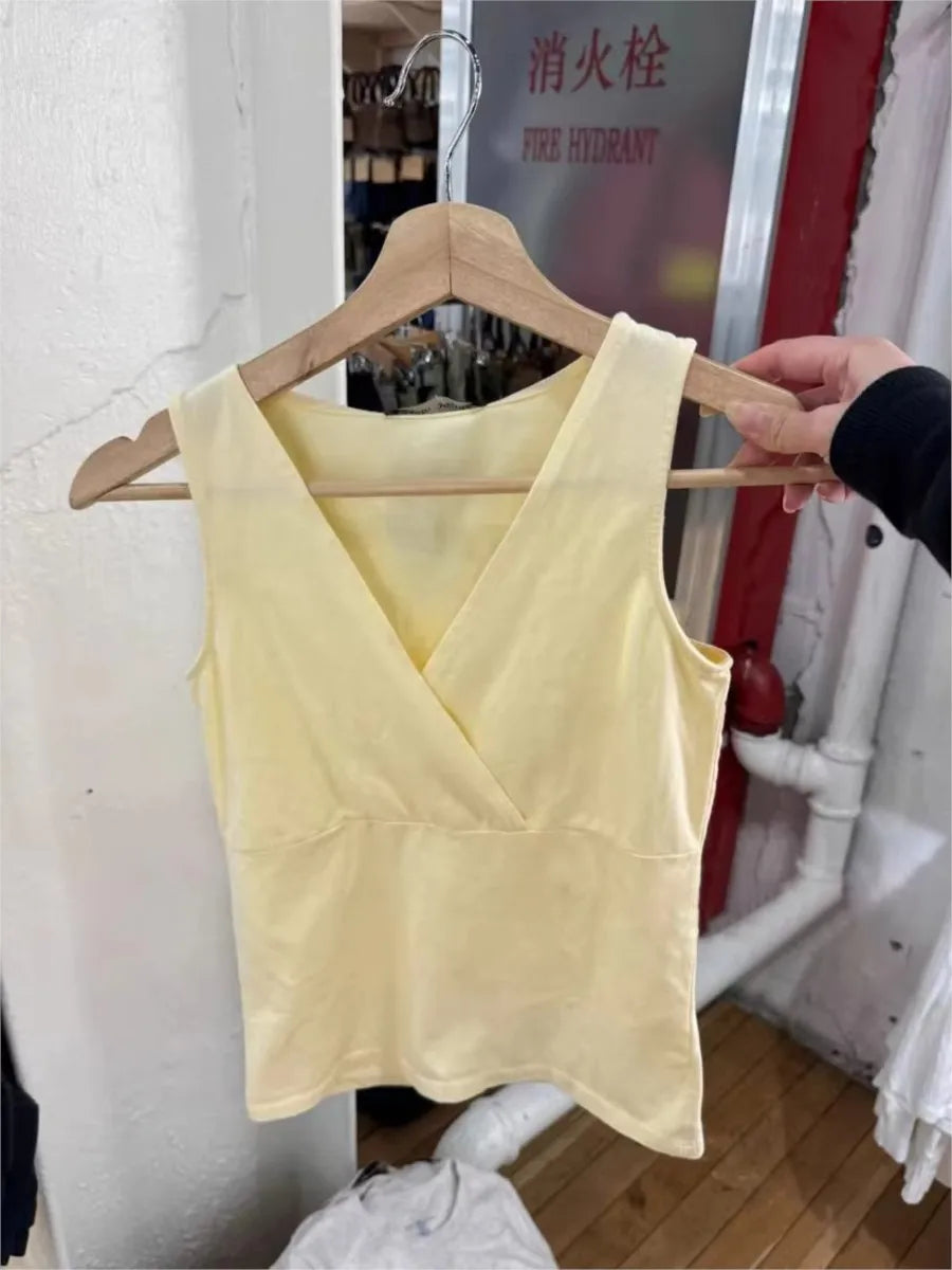 Yellow Slim V-neck Tank Top Women Summer Casual Simple Cotton Sleeveless Vest Clean girl Preppy Style Sweet Basic Camis OOTD New