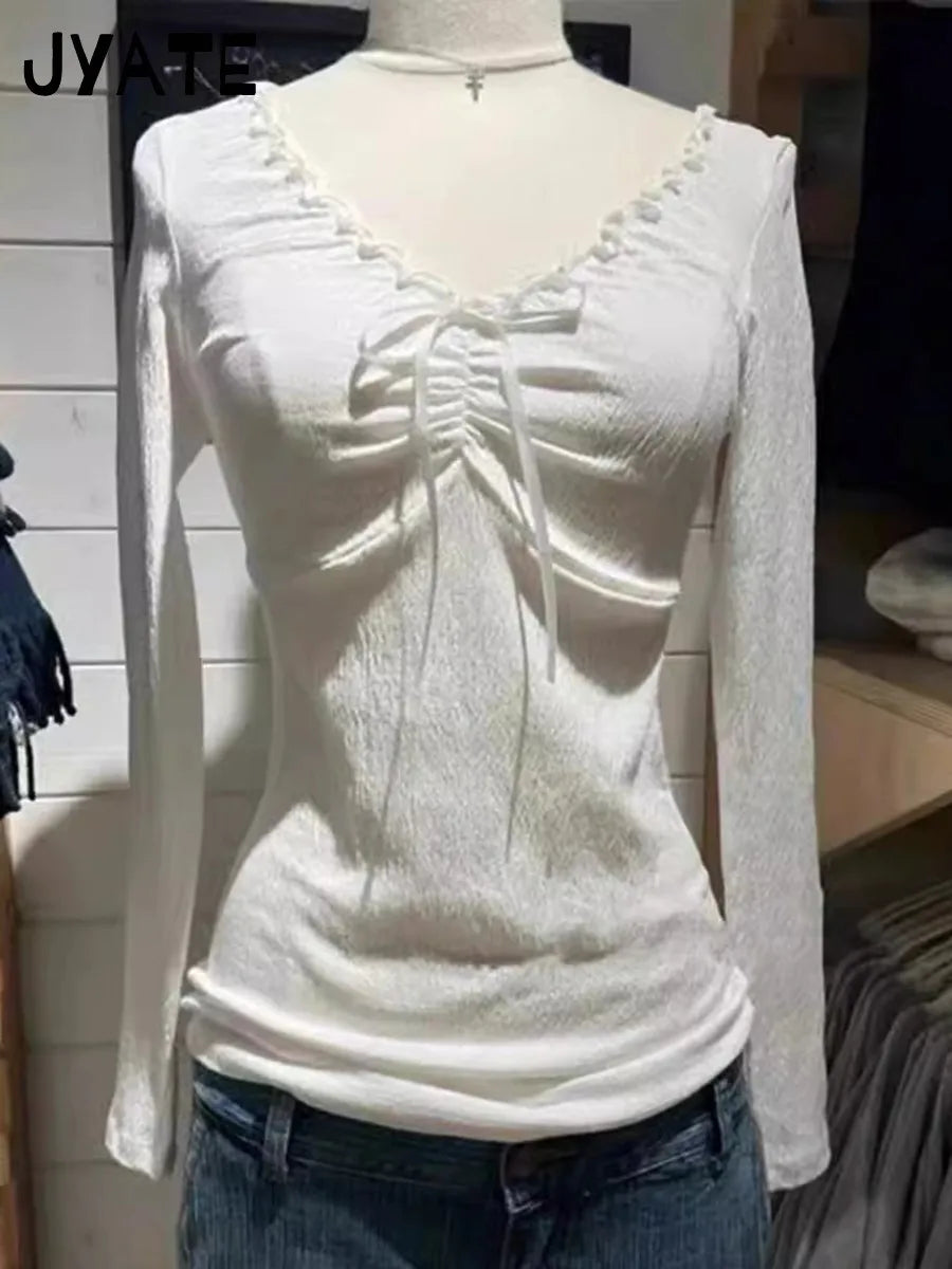 Sweet White Lace-up V-neck Long Sleeve Tees Women Cotton Streetwear Slim Elegant Tops Clothes Female Vintage Chic Cute Tees Y2K