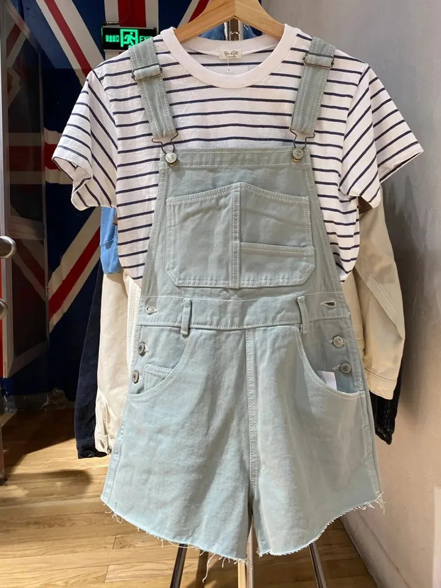 Fashion Y2K Raw Hem Denim Overalls Women Summer Casual High Waist Pockets Straight Short Pants Streetwear Vintage Shorts Sweet