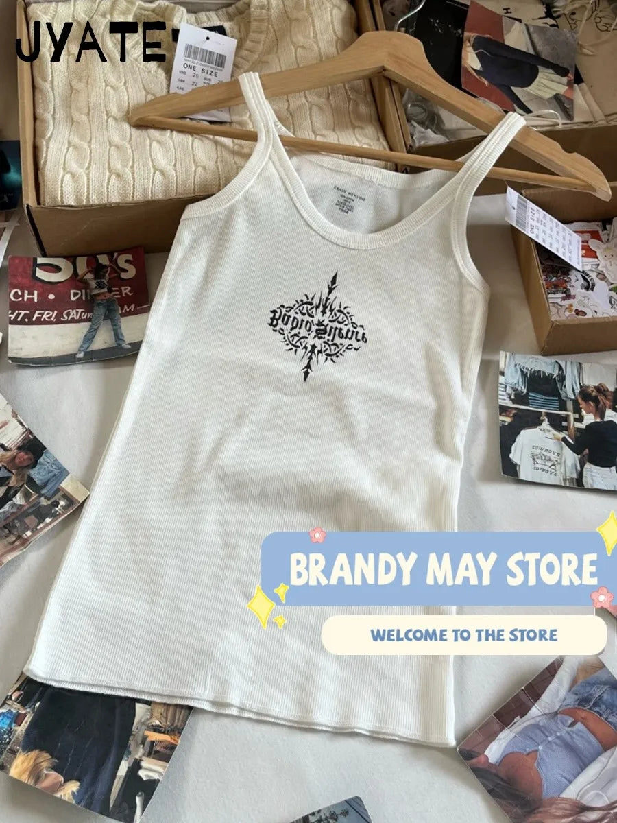 Retro Letter Print Ribbed Tank Tops Women Summer New Slim Casual Simple U-neck Sleeveless Vests Sweet Cute Vintage Camisole Y2K
