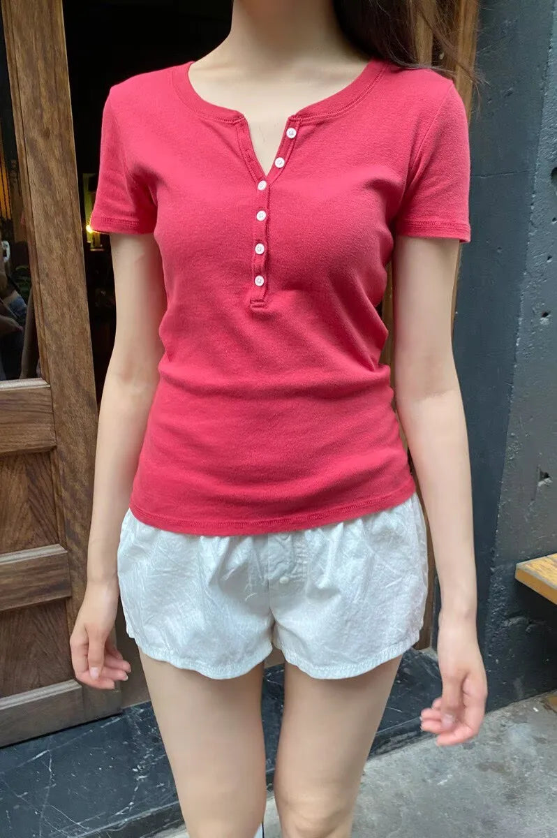 Sweet Six Buttons T-shirts Women Summer OrangeO-neck Cotton Slim Zelly Short Sleeve Tee Tops Casual Simple All-match Tshirts Y2K