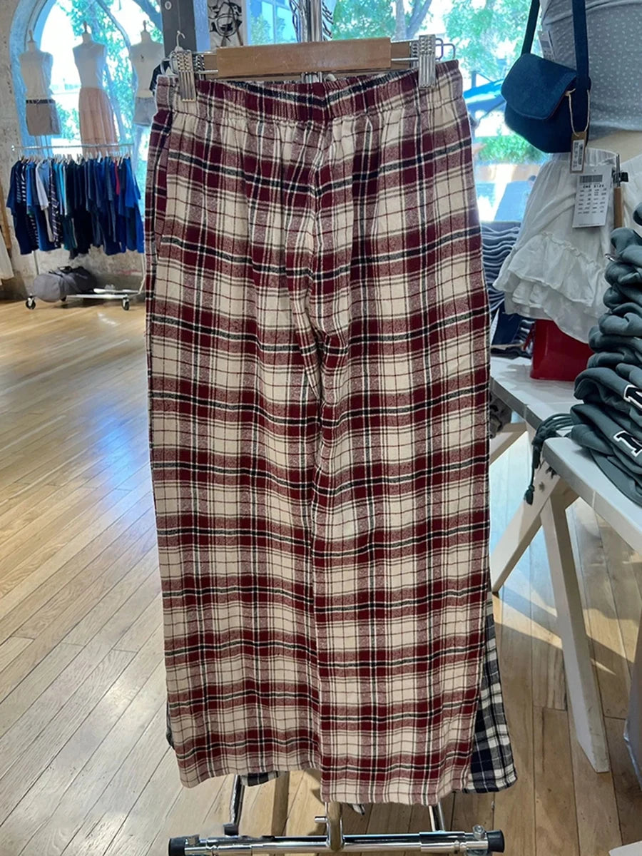 Retro Red Plaid Drawstring Straight Pants Women Autumn Cotton Casual Elastic High Waist Pant Vintage Loose Y2K Baggy Sweatpants