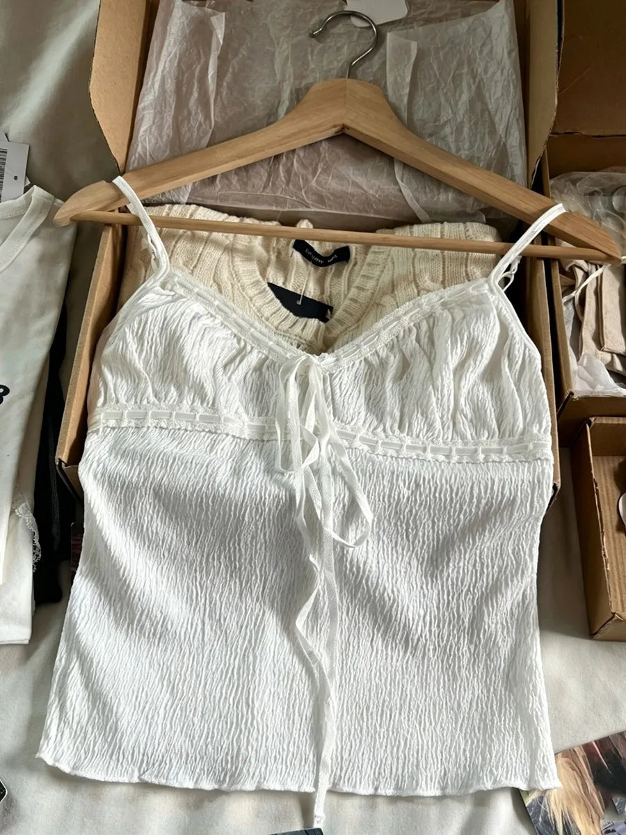 Solid Lace-up V-neck Tank Tops Women Summer Casual Lace Trim Cotton Slim Sleeveless Vests Cute Sweet Preppy Style Camisole Y2K