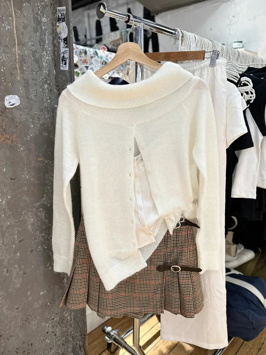 Solid Button Knit Slim Long Sleeve T-shirts Women New Sexy Slash Neck Simple Cotton Tees Femme Vintage Preppy Style T Shirt Y2K