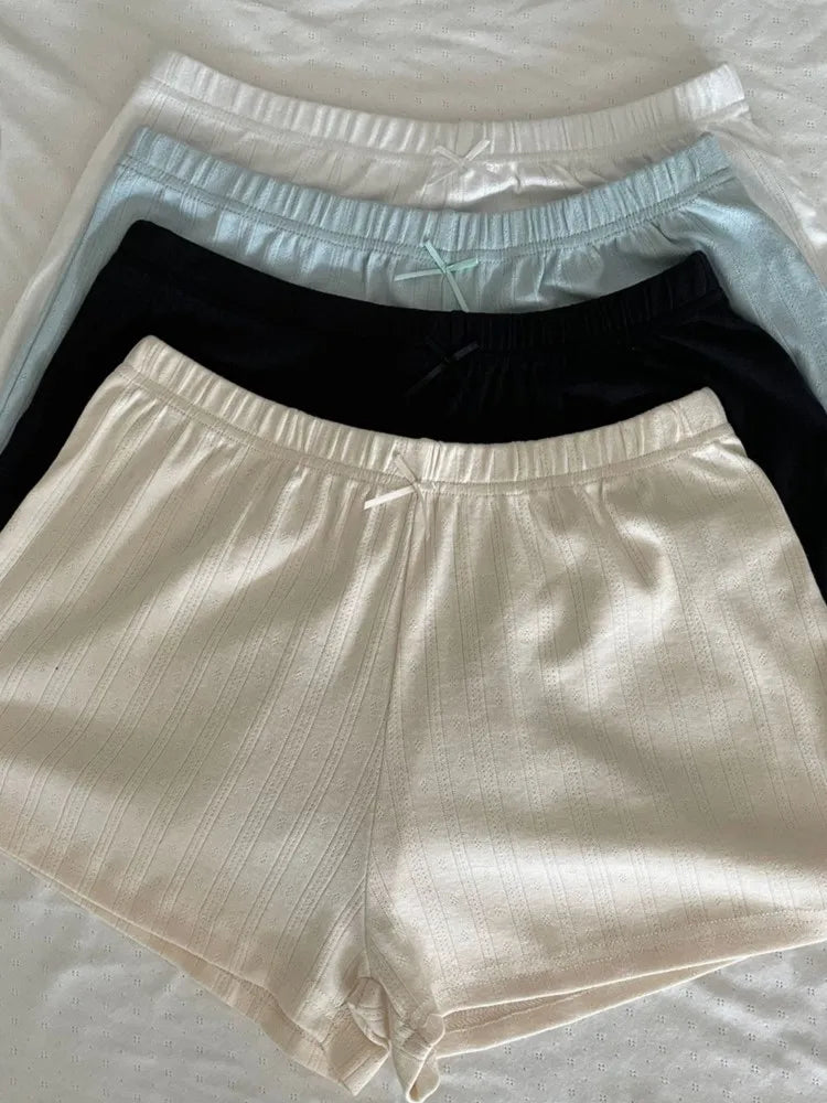 Sweet Eyelet Straight Bow Sweatshorts Women Summer New Elastic Waist Cotton Short Pant Casual Solid Basic Home Pajama Shorts Y2K