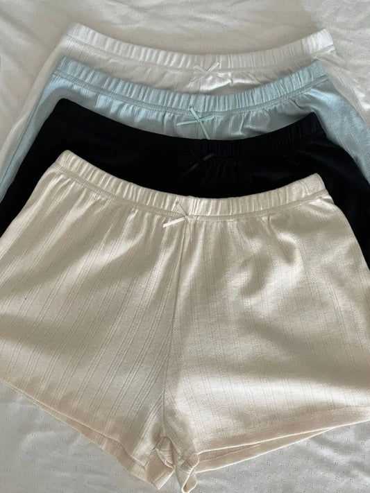 Sweet Eyelet Straight Bow Sweatshorts Women Summer New Elastic Waist Cotton Short Pant Casual Solid Basic Home Pajama Shorts Y2K