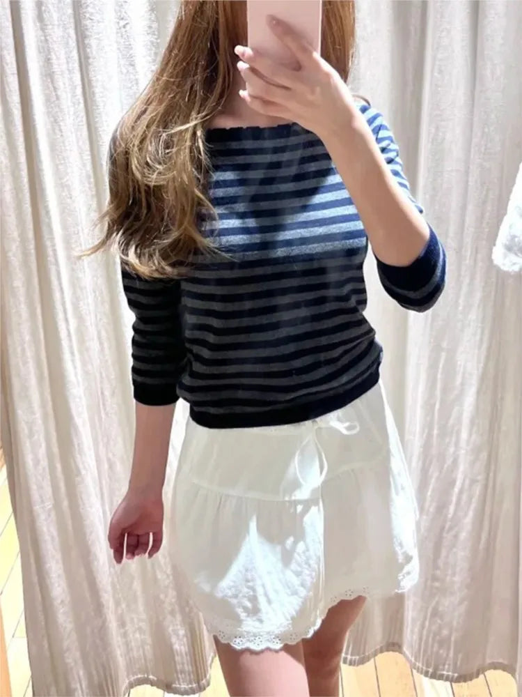 Striped Lace Trim Scoop Neck T-shirts Woman Spring Cotton Slim Navy Three Quarter Sleeve Crop Top Vintage Knitted Tee Shirts