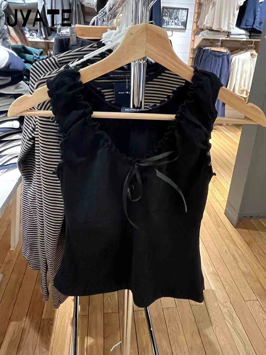 Fashion Bow Folds Cotton Slim Tank Tops Women Summer New Ruffles Black V-neck Sleeveless Vests Harajuku Chic Sweet Camisole Y2K