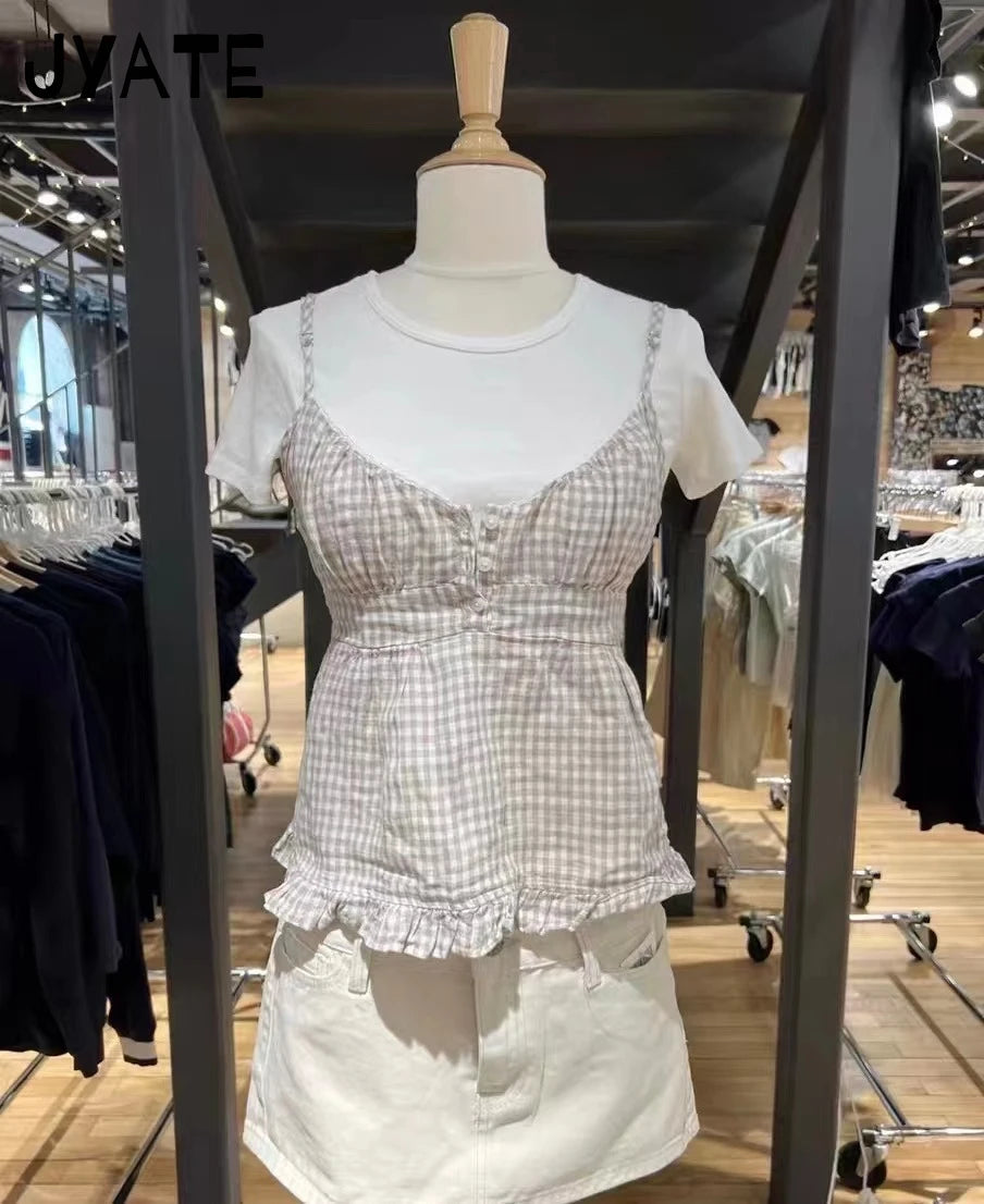 Retro White Lace Trim Blue Plaid Tank Tops Women New Buttons Back Lace-up Sleeveless Vests Vintage Chic Sweet Blouse Camis Y2K