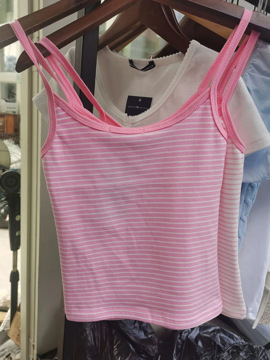 Blue Striped Eyelet Tank Tops Women Summer Y2K Cotton Soft Bow Lace Trim Sleeveless Vests Sweet Cute Preppy Style Camisole New