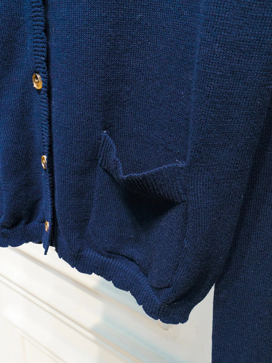 Navy Pocket Knit Sweater Coat Women Autumn Lace Trim Neck Button Casual Solid Jumper Tops Sweet Cute Preppy Style Cardigan New