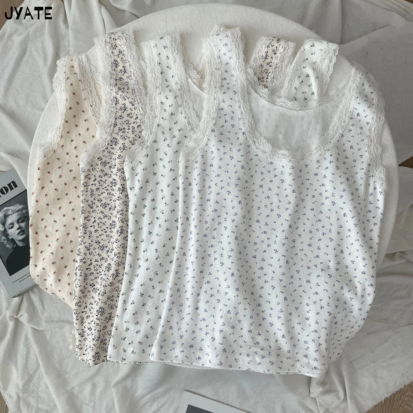Floral Print Lace Trim Tank Tops Women Summer Cotton Casual Simple U-neck Sleeveless Slim Vests Vintage Sweet Cute Crop Top Y2K