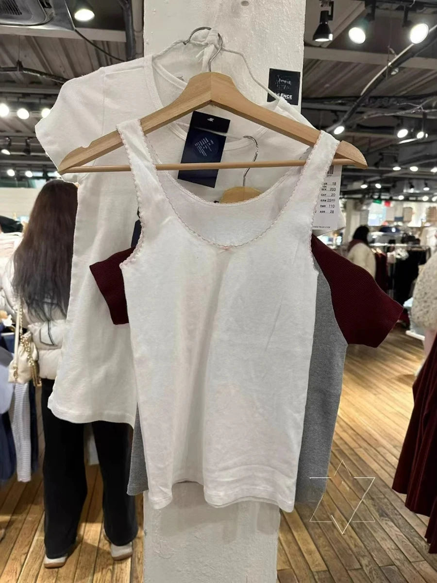 White Lace Trim Slim Tank Tops Women New Casual Cotton Soft Pink BowU-neck Sleeveless Vests Sweet Cute Preppy Style Camis Y2K