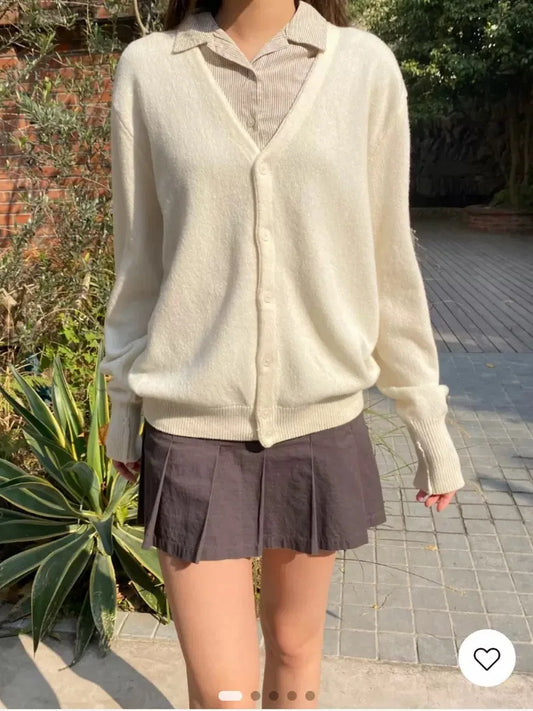 Beige Knitted Sweater Cardigan Woman Autumn V-neck Long Sleeve Cotton Knitwear Female Casual Simple All-match Sweet Sweaters Top