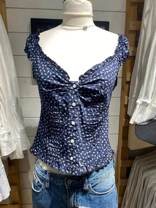 Navy Floral Folds Ruffle Sleeveless Tank Tops Women Summer New Single Breasted Blouse Top Vest Vintage Sweet Preppy Style Camis