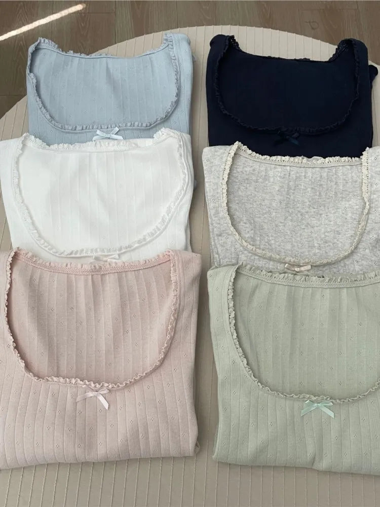 Solid Hollow Out Cotton Soft T-shirts Spring Bow Lace Trim Square Neck Long Sleeve Tee Slim Chic Sweet Vintage Cute Crop Tops