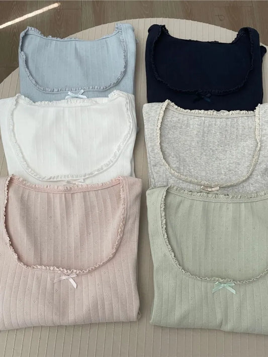 Solid Hollow Out Cotton Soft T-shirts Spring Bow Lace Trim Square Neck Long Sleeve Tee Slim Chic Sweet Vintage Cute Crop Tops