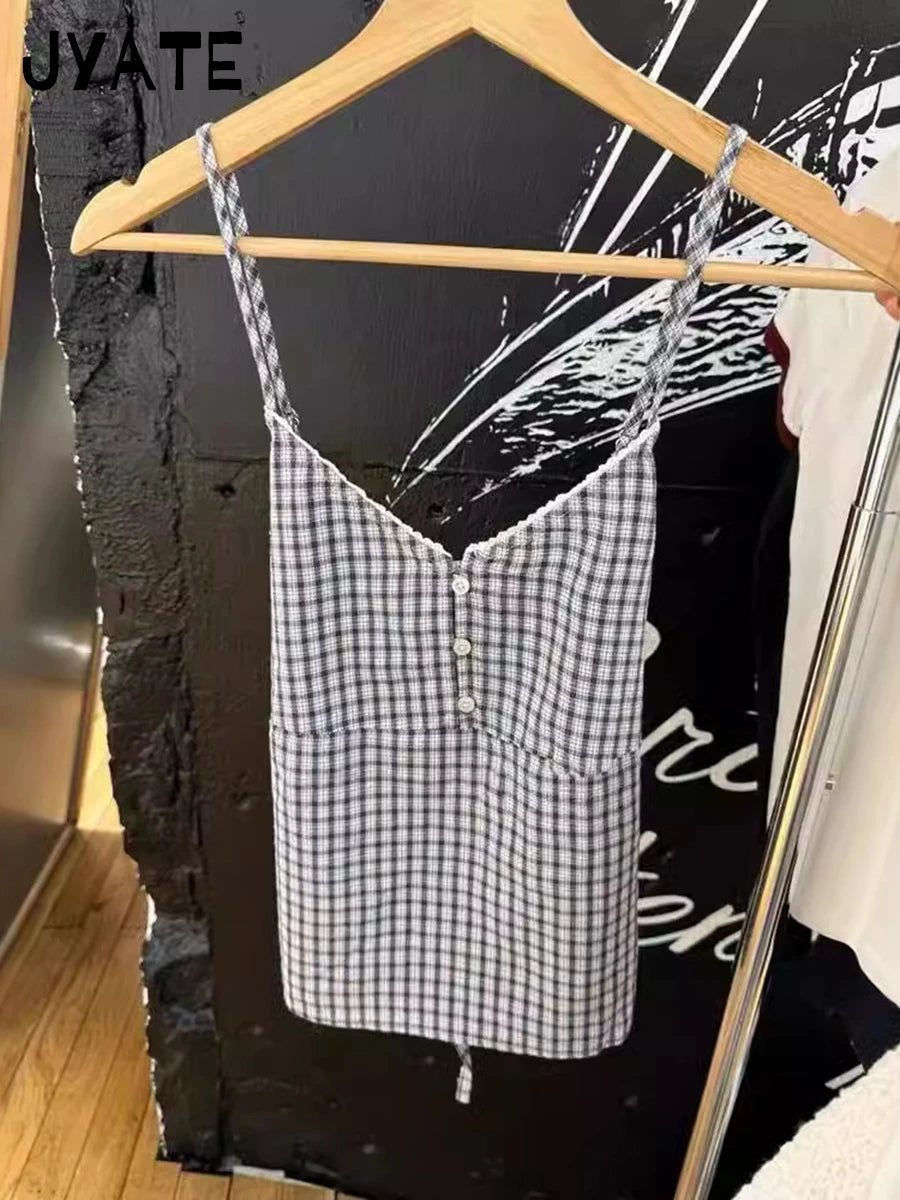 Plaid Print Buttons V-neck Tank Tops Women Summer Casual Simple Preppy Style Sleeveless Vests Vintage American Chic Camisole Y2K