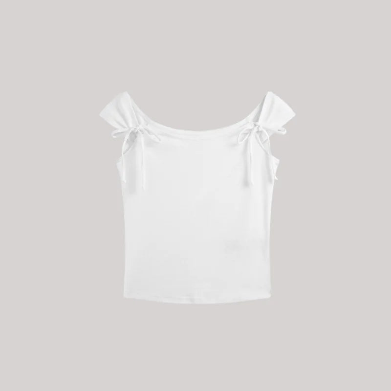 Bow Lace-up Cotton Short Sleeve Tee Women Slim Streetwear Casual  Square Collar Crop Tops Sweet Cute Preppy Style Top Y2K Tshirt