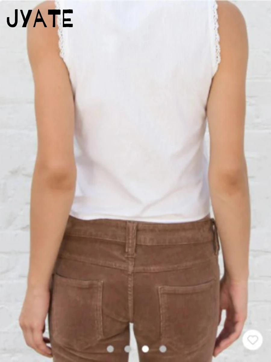 Sexy Slim Lace Trim Buttons Tank Tops Women Summer O-neck Casual Streetwear Chic Sleeveless Camis Sweet Cute Simple Vests Y2K