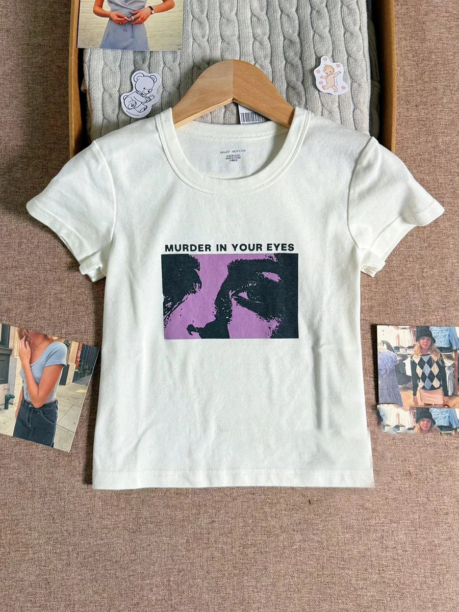 Y2k Graphic Print Slim Crop Tops Women Streetwear O-neck Short Sleeve Cotton Tees Female Summer Vintage Preppy Style Tshirt