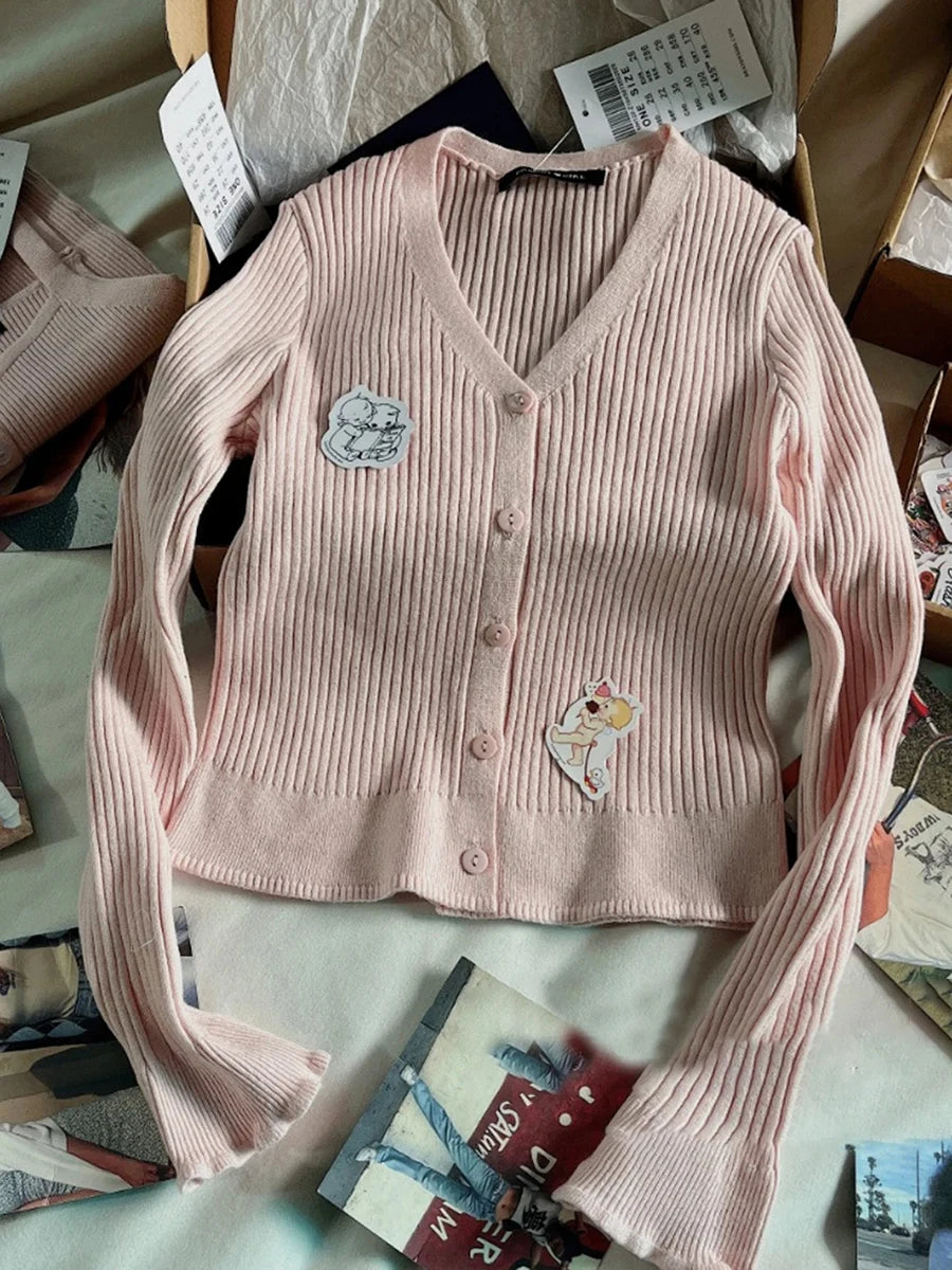 Pink Knitted V-neck Sweater Cardigan Women New Slim Casual Preppy Long Flare Sleeve Jumper Tops Sweet Cute Chic Y2K Sweater Coat