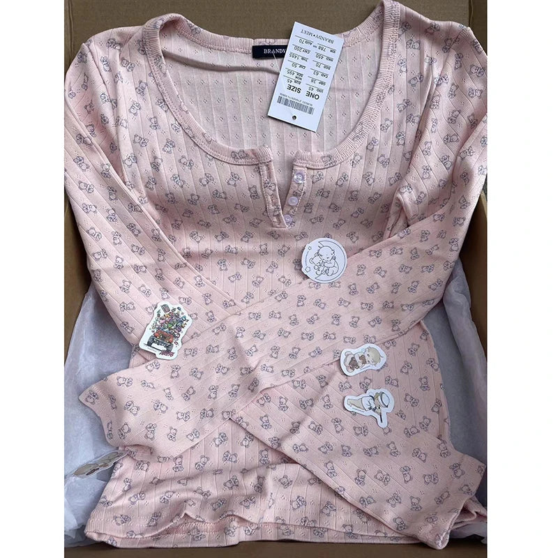 Sweet Little Bear Print Buttons Long Sleeve Tees Women Autumn New Cotton Soft Gray Casual Tops Female Vintage Cute Y2K T-shirts