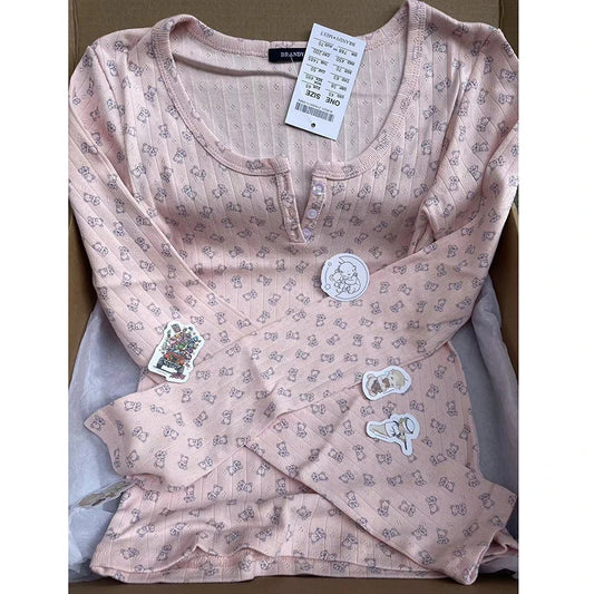 Sweet Little Bear Print Buttons Long Sleeve Tees Women Autumn New Cotton Soft Gray Casual Tops Female Vintage Cute Y2K T-shirts