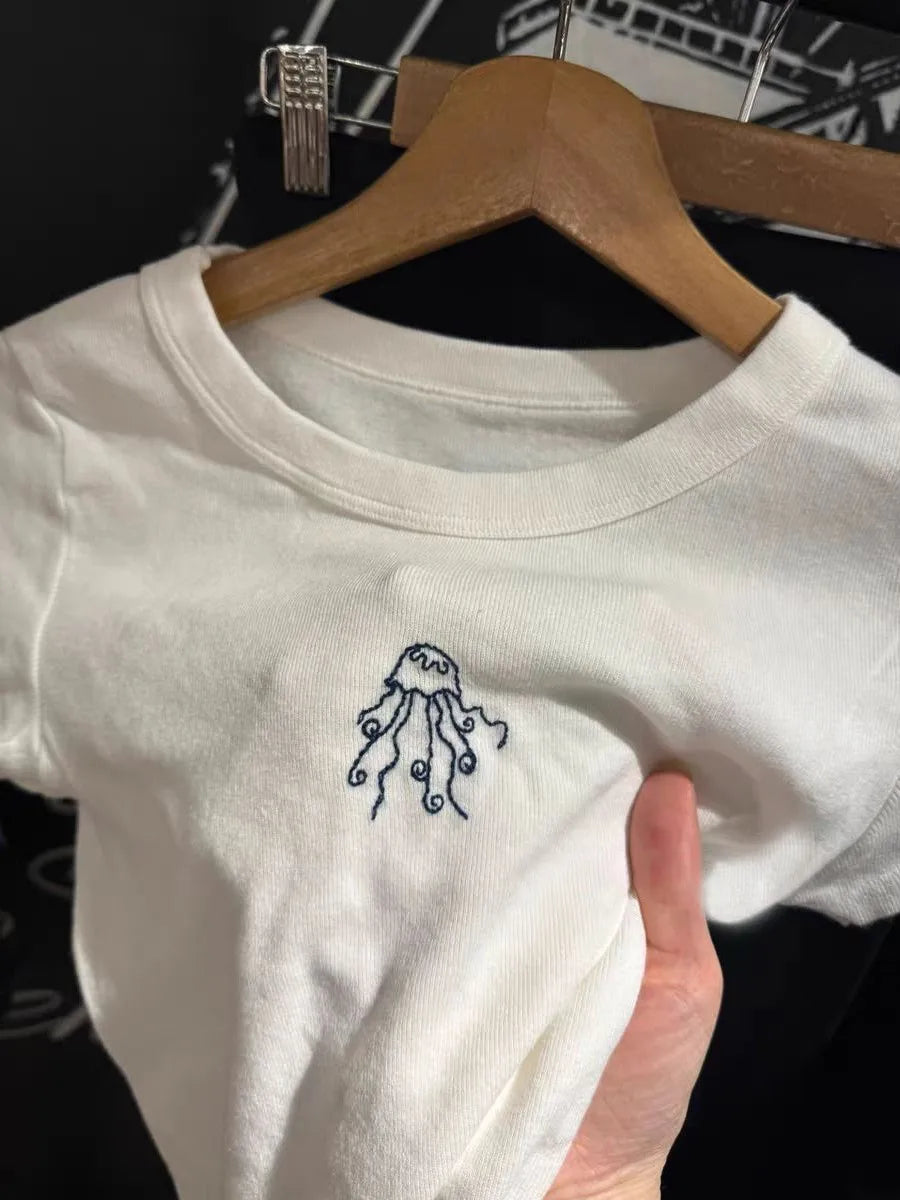 Cute Jellyfish Embroidery Crop Top Woman Summer Round Neck Short Sleeve Cotton Cropped Tees Sweet Preppy Style Slim Tshirts Tops