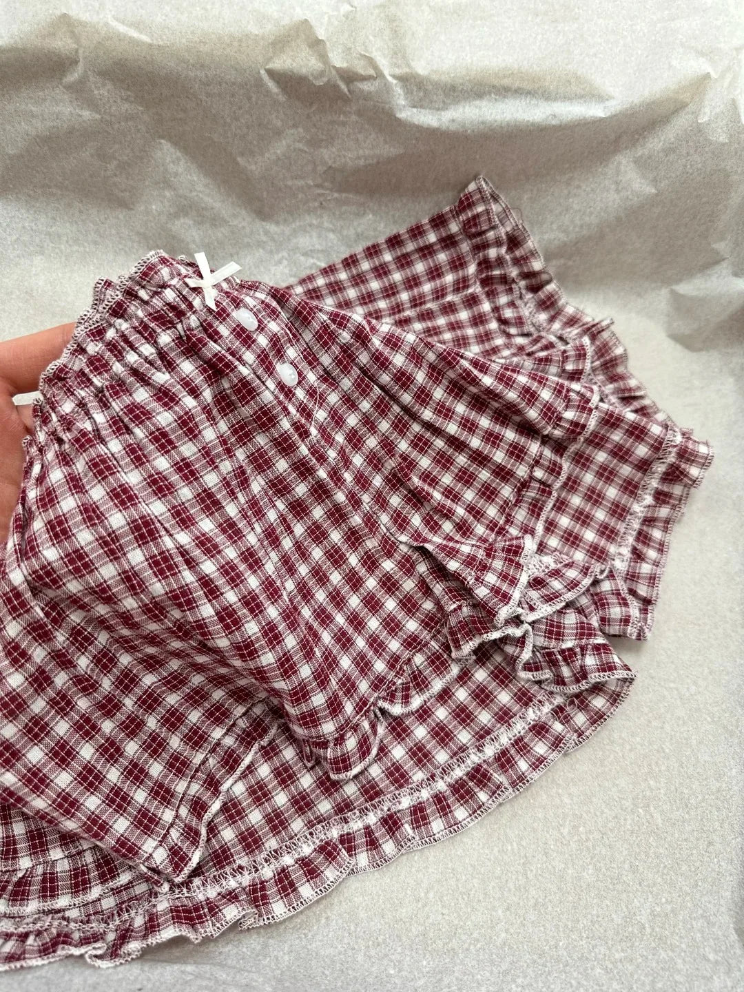 Red Plaid Ruffle Shorts Women Summer Casual Buttons Bow Elastic Low Waist Straight Pant Chic Sweet Preppy Style Short Pants Y2K