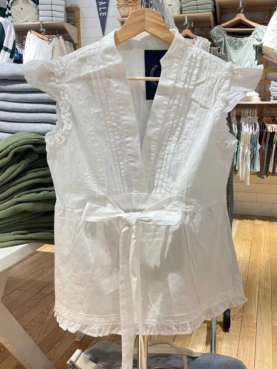 White Ruffled Chic V-neck T-shirts Women Sexy Lace-up Cute Casual Short Sleeve Tee Female Sweet Vintage Vests Tops Clothes Y2K