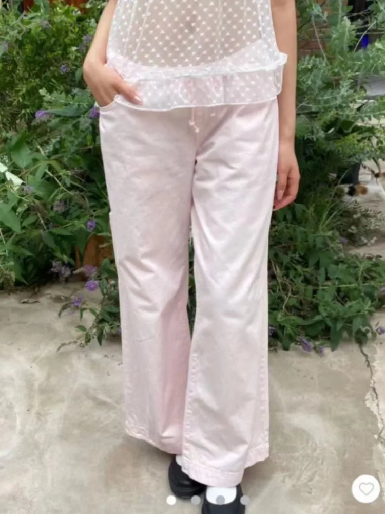 Pink Sweet Drawstring Loose Pants Women New Sexy Low Waist Pockets Straight Long Pant Baggy Cute Preppy Style Chic Trousers Y2K
