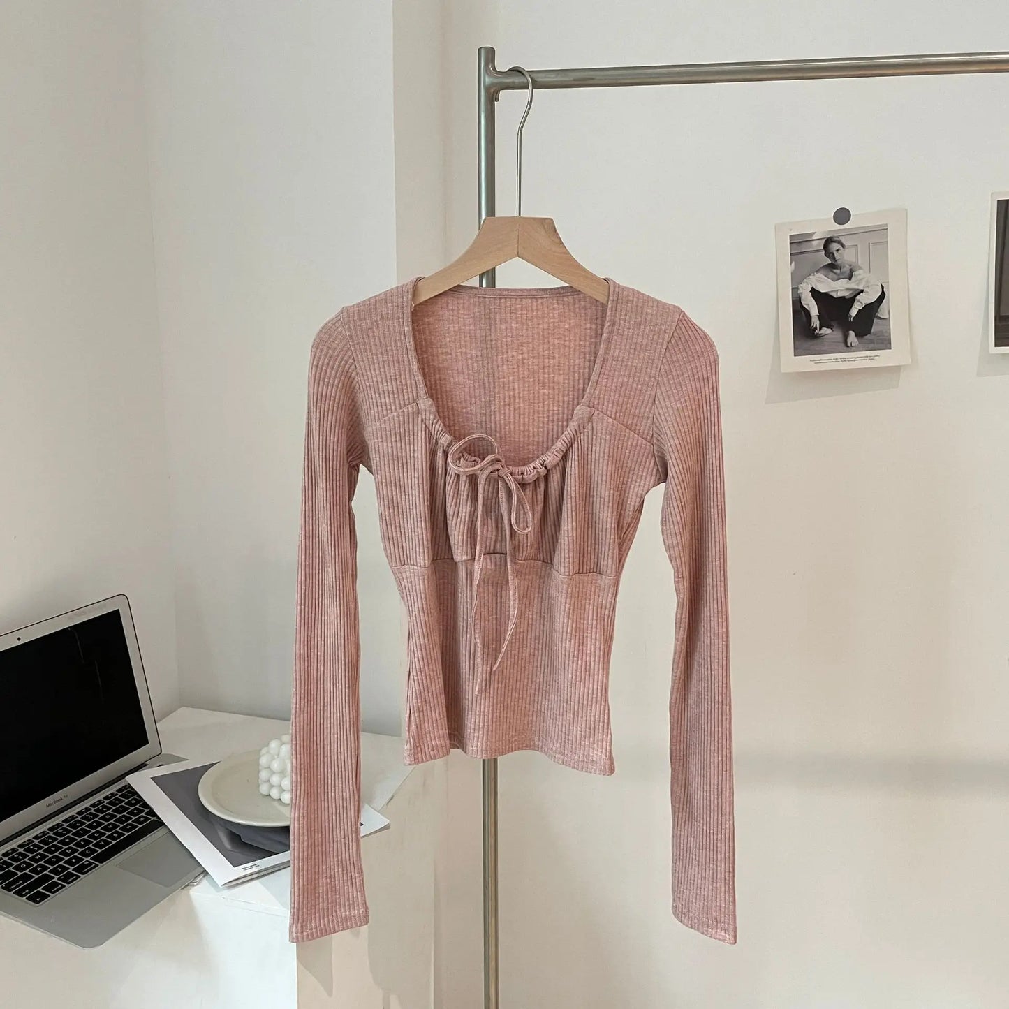 Sweet Lace-up Long Sleeve Tees Women New Casual Slim Solid Scoop Neck Streetwear Top shirt Vintage Preppy Style Cute T-shirt Y2K