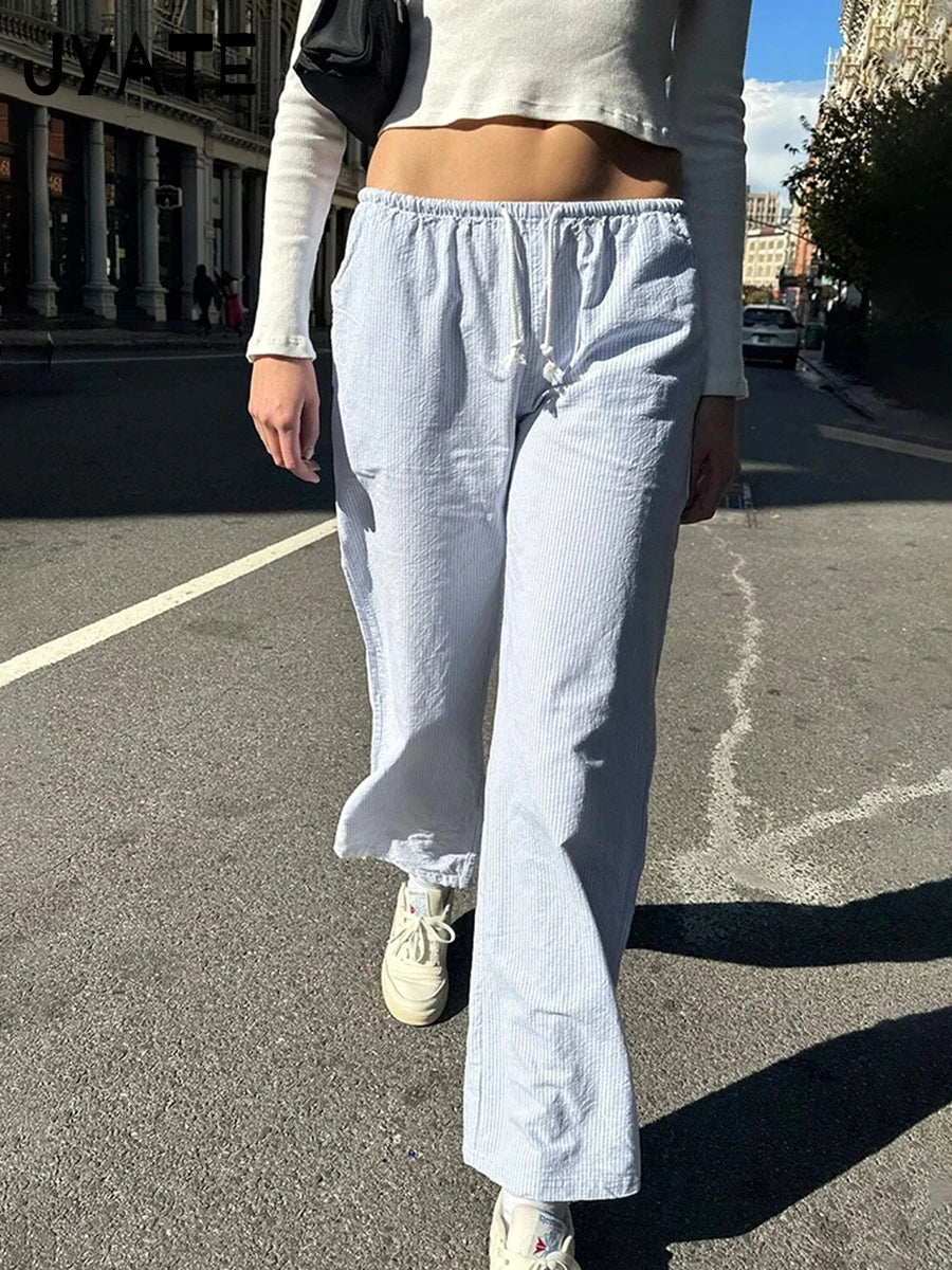 Fashion Blue Striped Drawstring Straight Sport Pants Women New Chic Elastic High Waist Long Pant Casual Sweet Loose Trousers Y2K