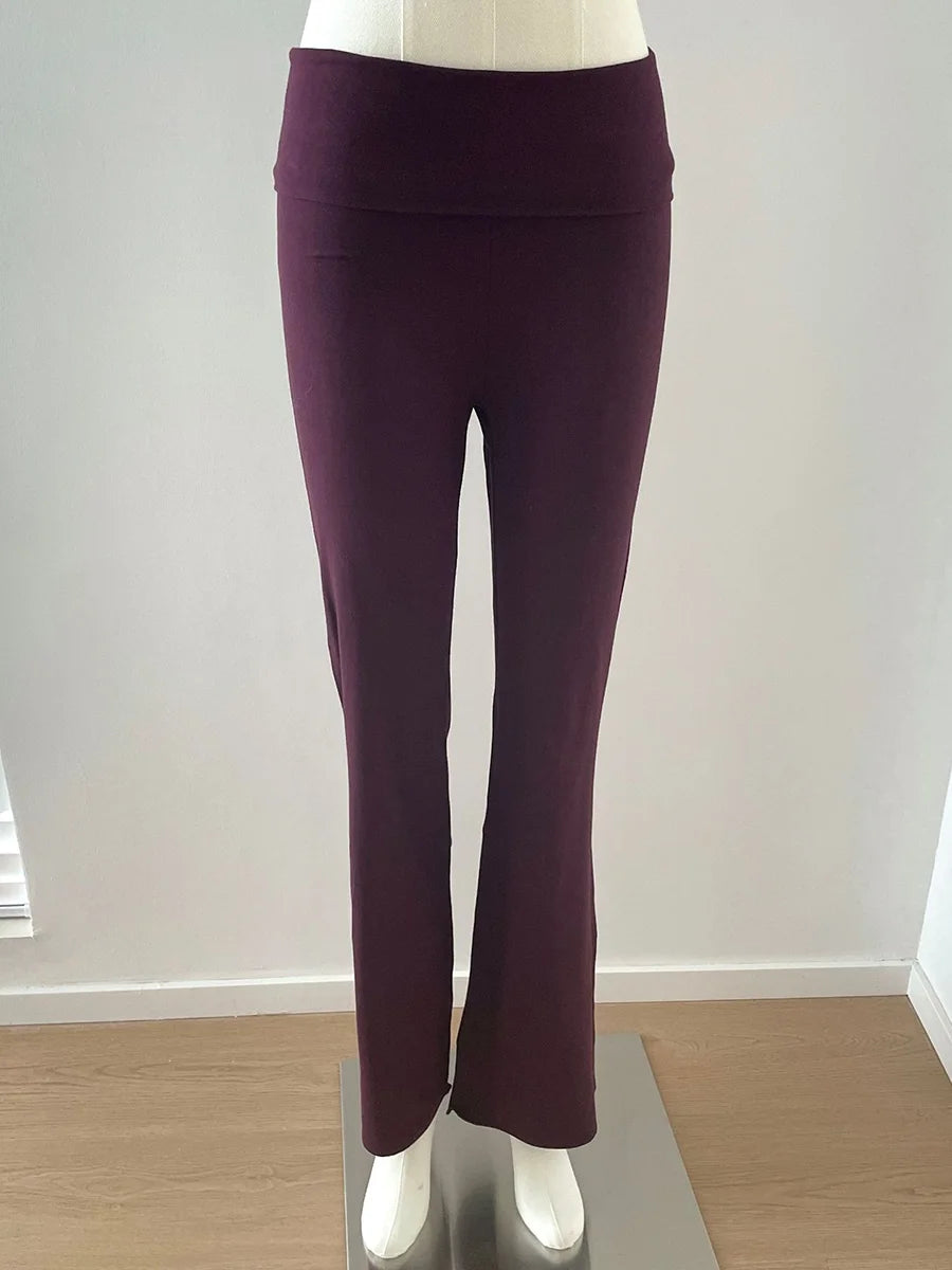 Solid Skinny Cotton T-shirt Pant Set Woman O-neck Long Sleeve Tee+Foldover Flare Yoga Pant Sport 2 Piece Sets Can mix and match