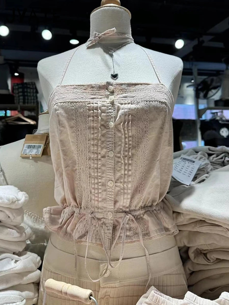 Sweet Pink Hollow Out Strappy Tank Tops Women Summer New Cotton Slim Ruffles Buttons Cropped Vests Vintage Sexy Chic Camis Y2K