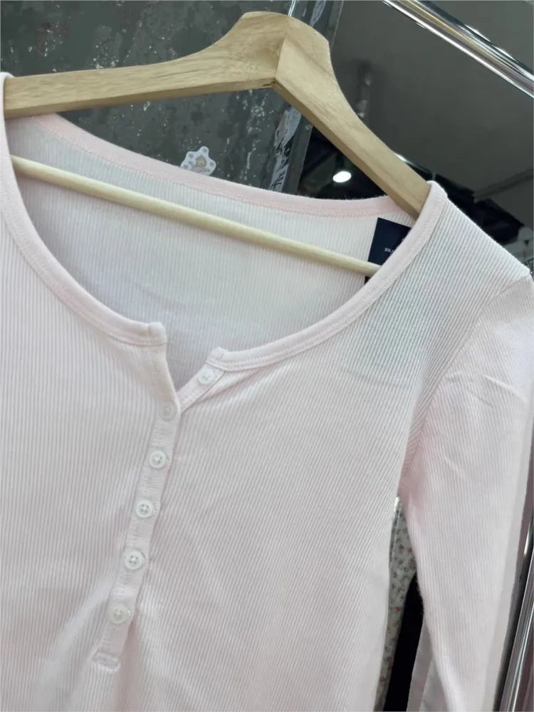 Sweet Pink Six Buttons Ribbed Long Sleeve T-shirts Women Spring Round Neck Cotton Slim Tee Top Female Cute Tshirt Y2k Tops New