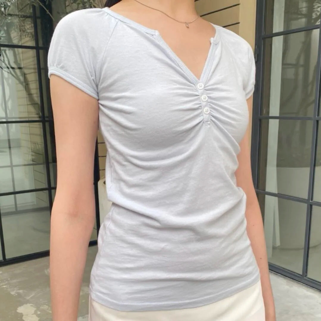Solid Three Buttons Fold T-shirts Women Summer Streetwear Casual Cotton Slim Short Sleeve Tee Simple Basic Sweet Tshirt Y2K Tops