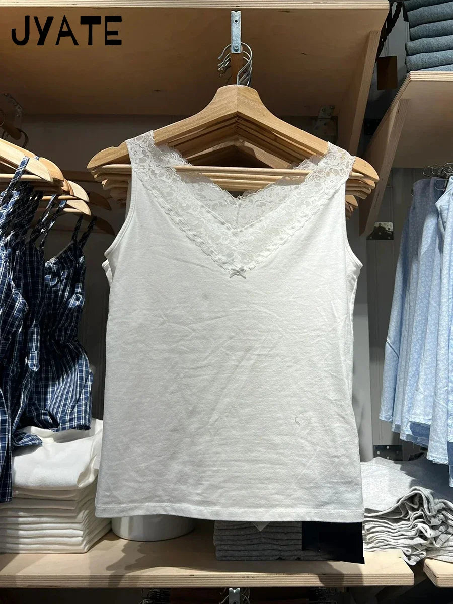 Lace Trim V-neck Sexy Tank Tops Women Summer Casual Cotton White Slim Bow Sleeveless Vests Sweet Cute Preppy Style Camisole Y2K
