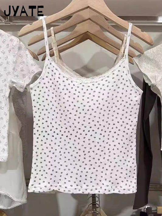 Vintage Floral Print White Bow Tank Tops Women New Cotton Streetwear Casual Simple Slim Vest Female Sweet Cute Chic Y2K Camisole